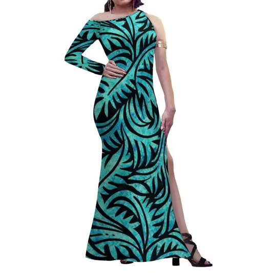 Robe longue asymétrique imprimé tropical.