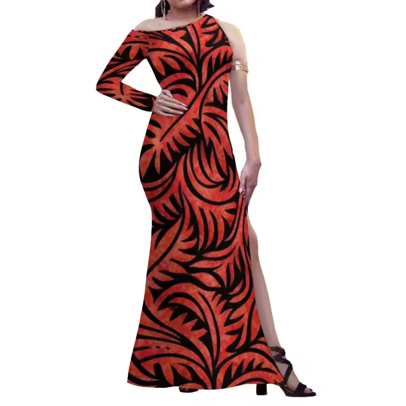 Robe longue asymétrique imprimé tropical.