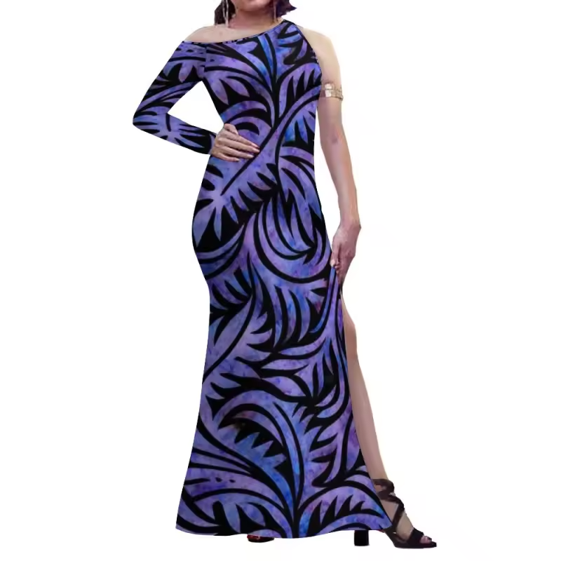 Robe longue asymétrique imprimé tropical.