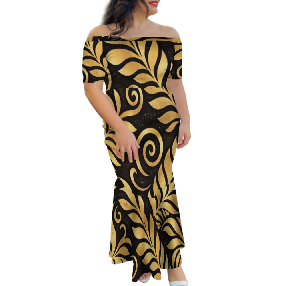 Robe longue femme tribal épaules dénudées.