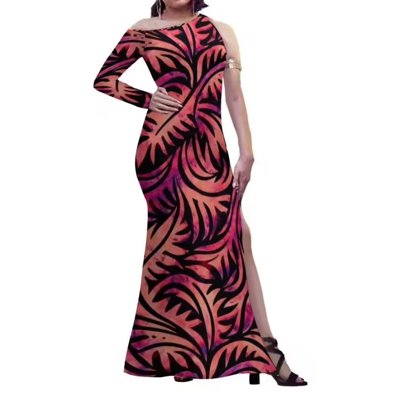 Robe longue asymétrique imprimé tropical.
